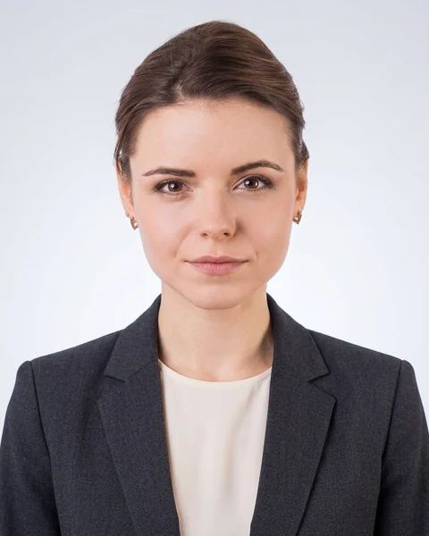 Example AI profile photo: Grey gradient · suit & blouse, women’s cut