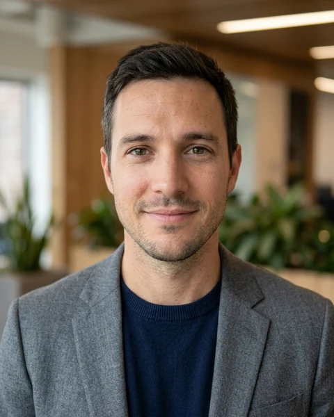 Professional headshot made with AI from the selfie: Warm office · smart casual, men’s cut
