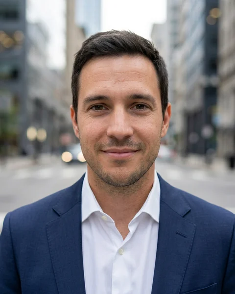 Professional headshot made with AI from the selfie: City · suit, men’s cut