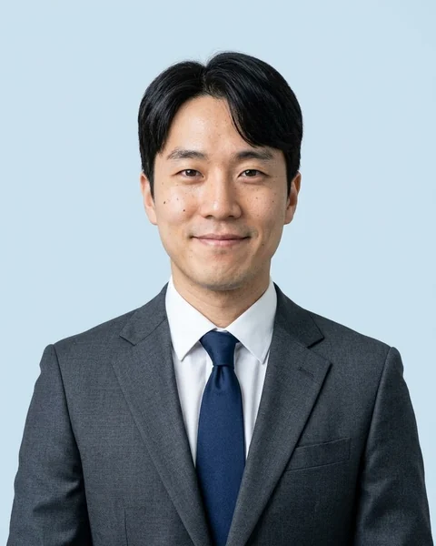 AI 프로필 사진 예시: 하늘색 · 넥타이 정장, 남성용
